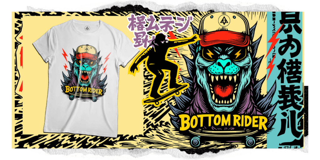 Off the Leash T-Shirt banner – Godzilla-style character “Yunken Zoll” wearing a cap, with Bottom Rider logo and skateboard below – bold skater graphic with Japanese-inspired lettering