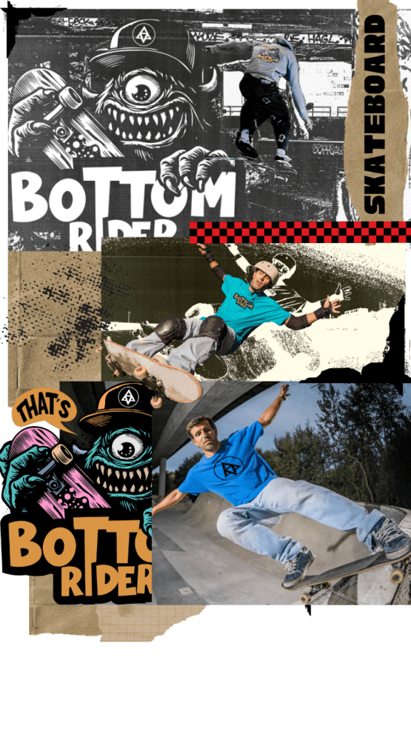 Collage of skaters wearing Bottom Rider t-shirts – mix of color and black-and-white photos, torn paper textures, original artwork and ‘skateboard’ lettering