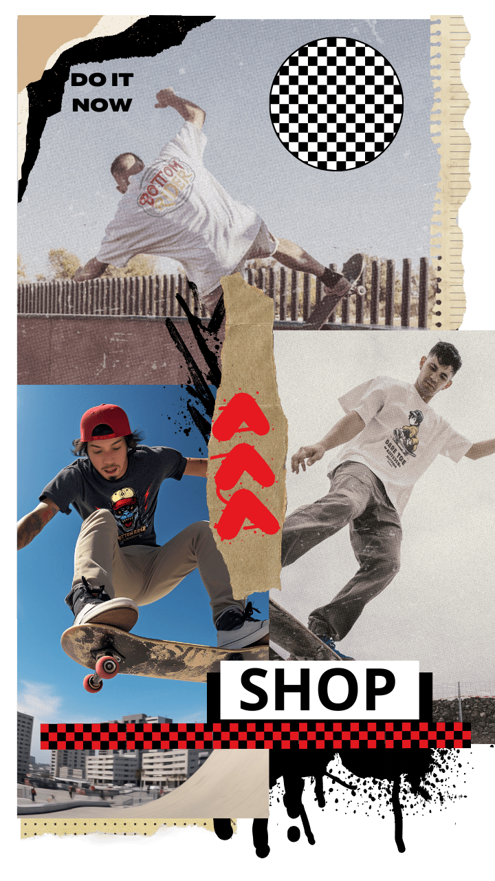 Collage of skaters wearing Bottom Rider t-shirts with urban textures, graffiti and cut-out style – click to shop