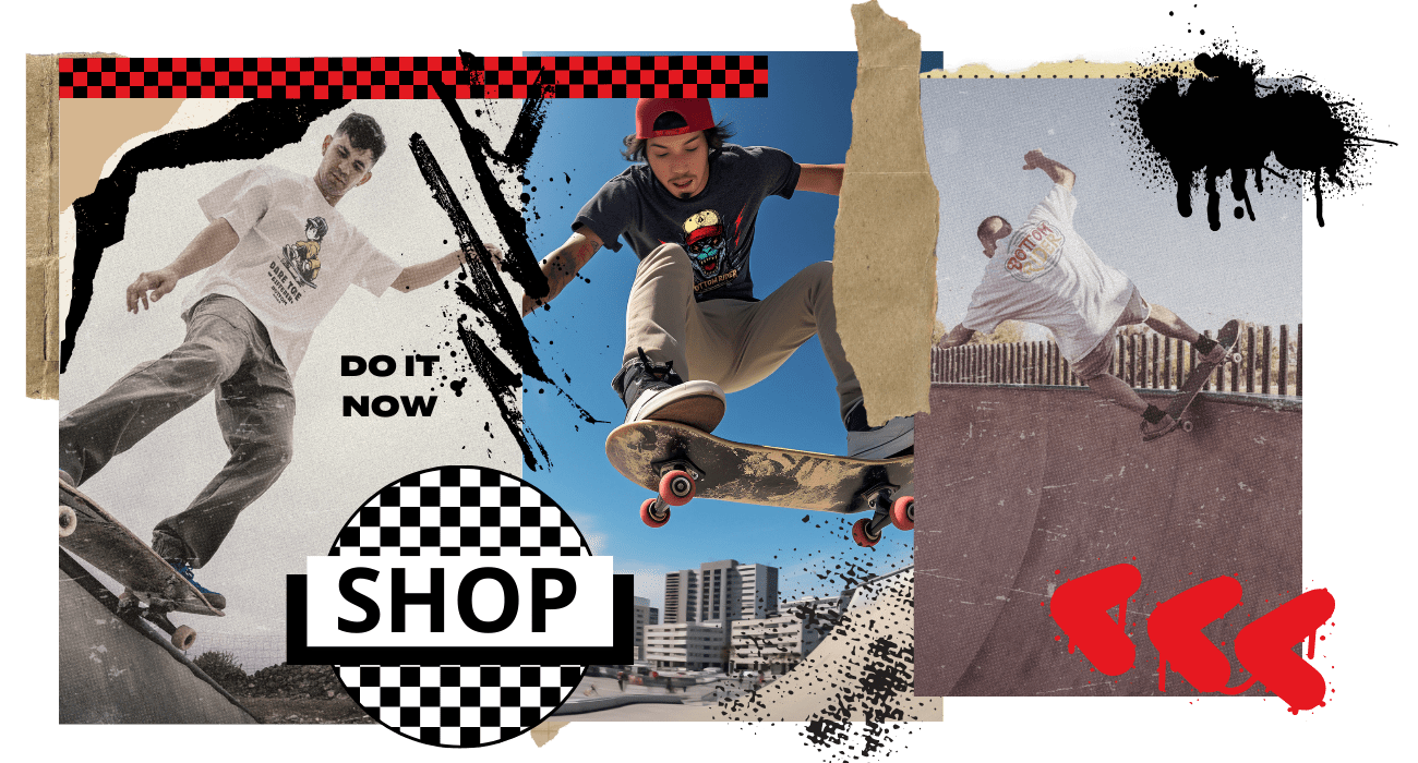Collage of skaters wearing Bottom Rider t-shirts with urban textures, graffiti and cut-out style – click to shop